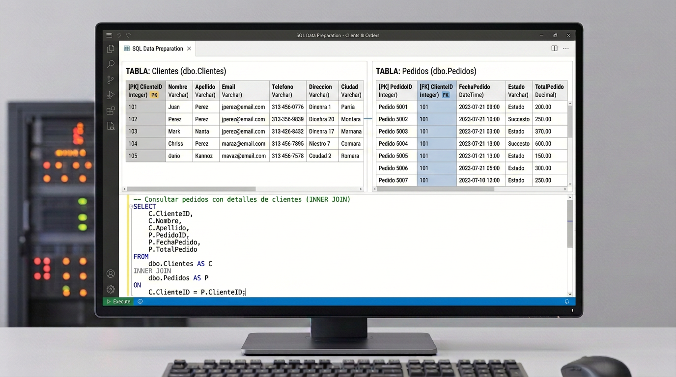 Tablas SQL de clientes y pedidos preparadas para realizar un JOIN